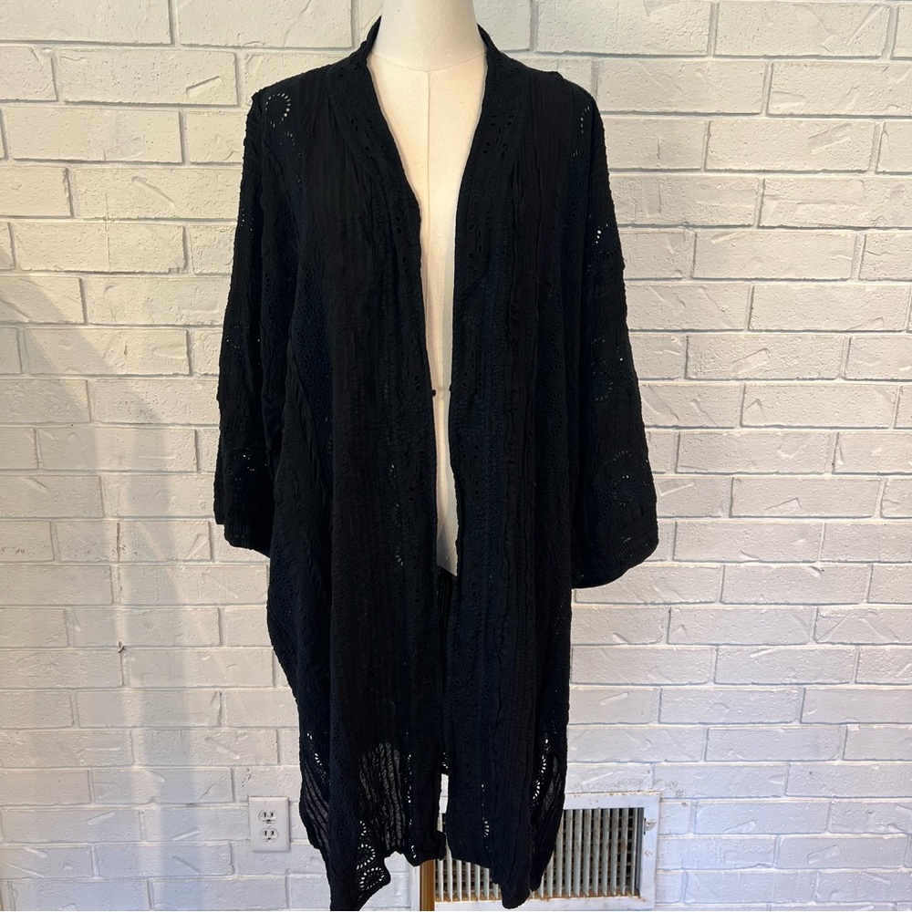Johnny Was Priya Black Eyelet Pintuck Kimono Duster Cardigan Women’s